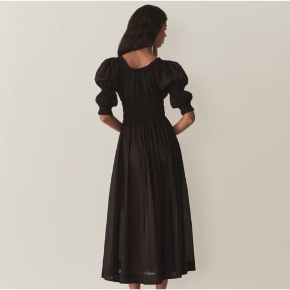Doen Ischia Dress Black Organic Cotton Viscose Smocked Puff Sleeve Midi XL - Picture 7 of 16